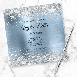 Faux Shiny Silver Glitter Blek Blue Foil Monogram Inbjudningar