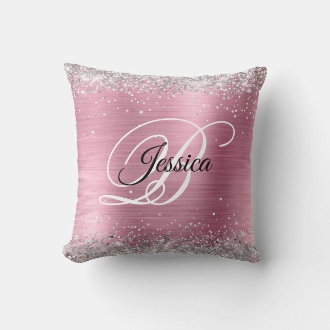 Faux Shiny Silver Glitter och Rosa Foil Monogram Kudde (Framsida)