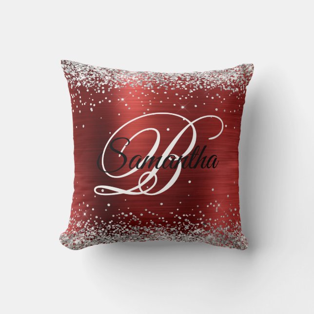 Faux Shiny Silver Glitter Red Foil Monogram Kudde (Framsida)