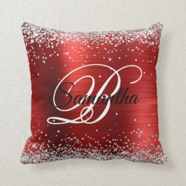 Faux Shiny Silver Glitter Red Foil Monogram Kudde