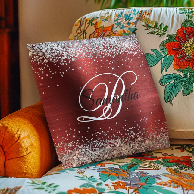 Faux Shiny Silver Glitter Red Foil Monogram Kudde (Faux Shiny Silver Glitter Red Foil Monogram Throw Pillow)