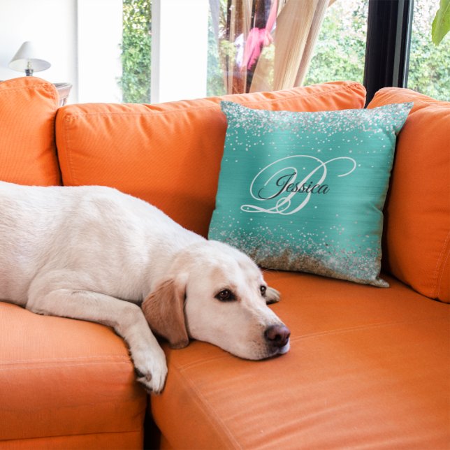 Faux Shiny Silver Glitter Turcos Foil Monogram Kudde (Silver Glitter Turquoise Foil Monogram Throw Pillow)