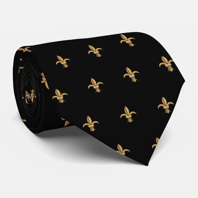 Faux Silke Black Guld Fleur de Lis Luxury Neck Tie Slips (Rullad)