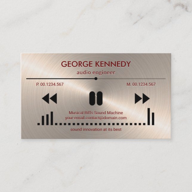 Faux Silver Audio Visning Emchef Brev DJ Visitkort (Framsida)
