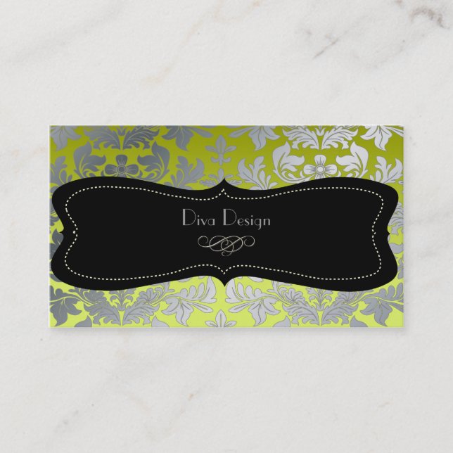 Faux silver baroque damask /black/lime green visitkort (Framsida)
