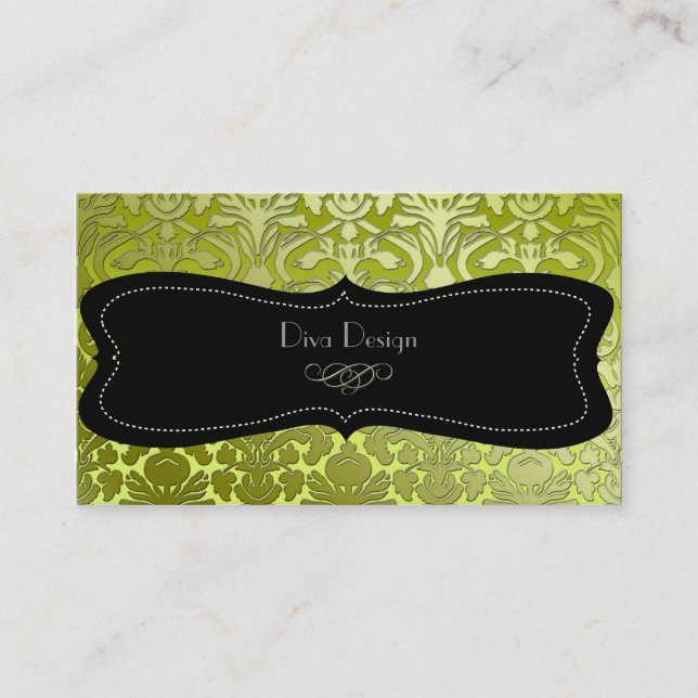 Faux silver baroque damask /black/lime green visitkort (Framsida)