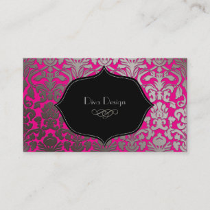 Faux silver baroque damask /black/shock rosa visitkort
