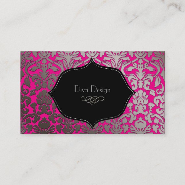 Faux silver baroque damask /black/shock rosa visitkort (Framsida)