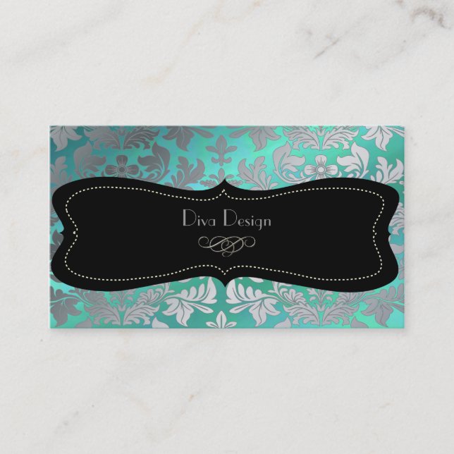 Faux silver baroque damask /black/teal visitkort (Framsida)