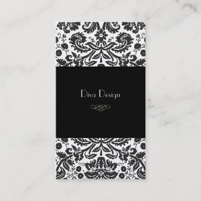 Faux silver baroque damask /black visitkort (Framsida)