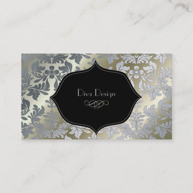 Faux silver baroque damask /black visitkort (Framsida)