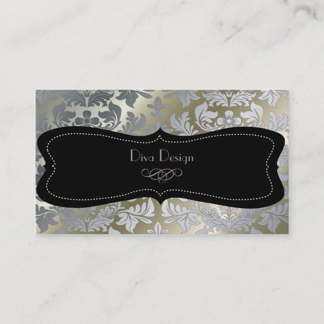 Faux silver baroque damask /black visitkort (Framsida)