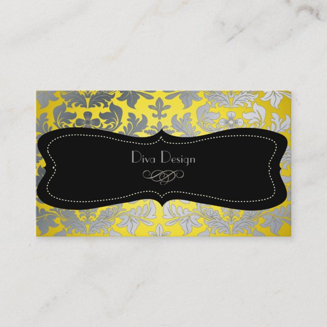Faux silver baroque damask gult/svart visitkort (Framsida)