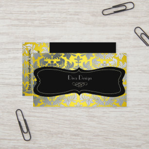 Faux silver baroque damask gult/svart visitkort