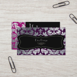 Faux silver baroque damask lila/svart visitkort