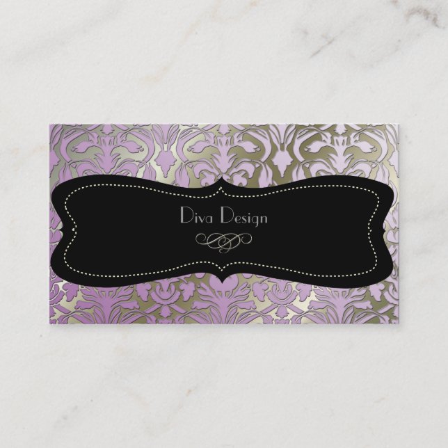 Faux silver baroque damask lilac//black visitkort (Framsida)