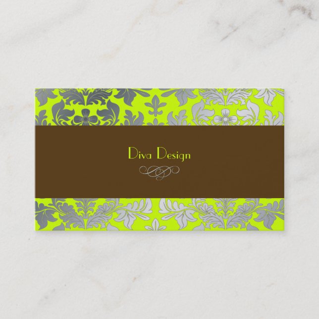 Faux silver baroque damask lime + choklad visitkort (Framsida)