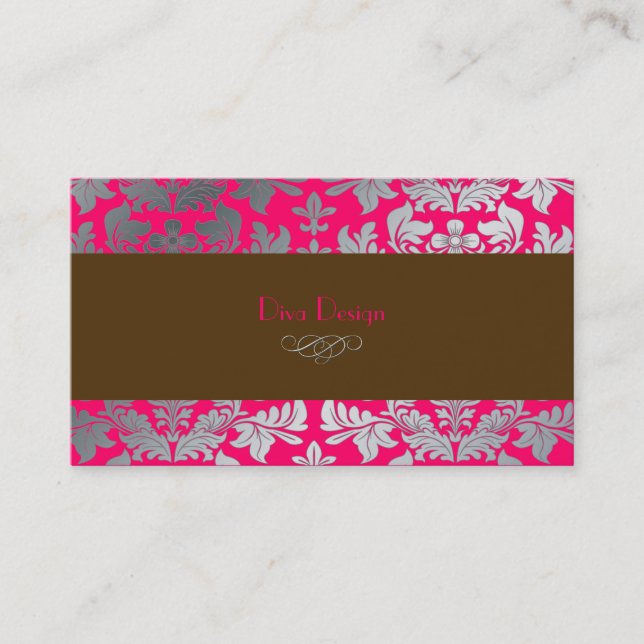 Faux silver baroque damask shock rosa + choklad visitkort (Framsida)
