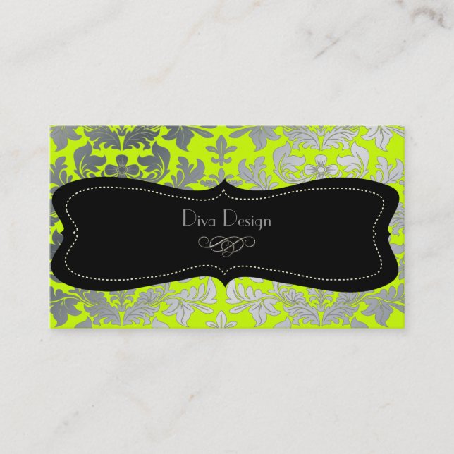 Faux silver baroque damm fluorescerande grönt/svar visitkort (Framsida)