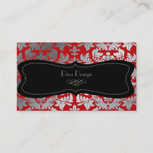 Faux silver baroque damm röd/svart visitkort (Framsida)