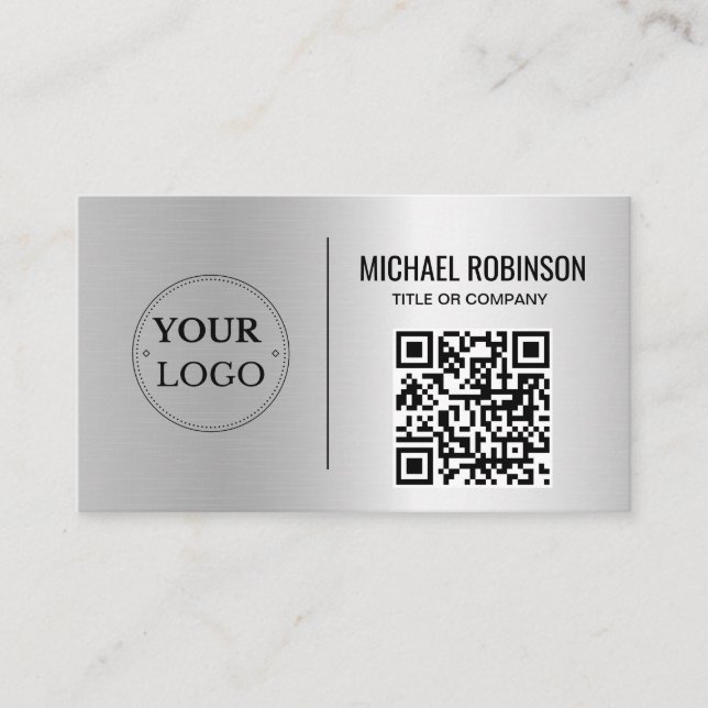 Faux Silver Business Logotyp QR Code Professionell Visitkort (Framsida)