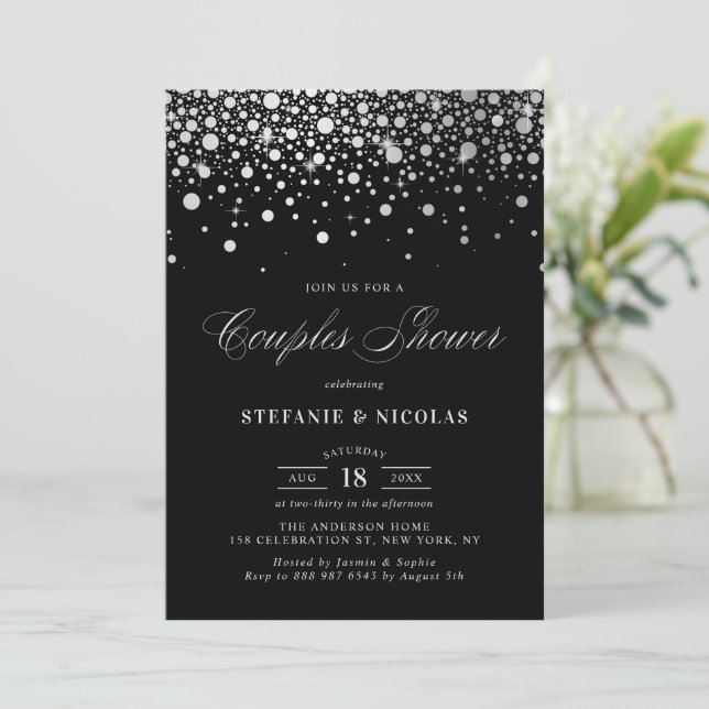 Faux Silver Foil Confetti Black Par Shower Inbjudningar (Stående Fram)