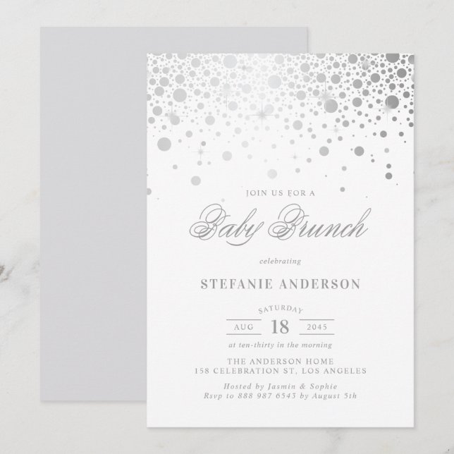 Faux Silver Foil Confetti Dots Baby Brunch Inbjudningar (Fram/baksida)