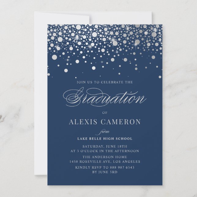 Faux Silver Foil Confetti Dots Blue Studenten Inbjudningar (Framsida)