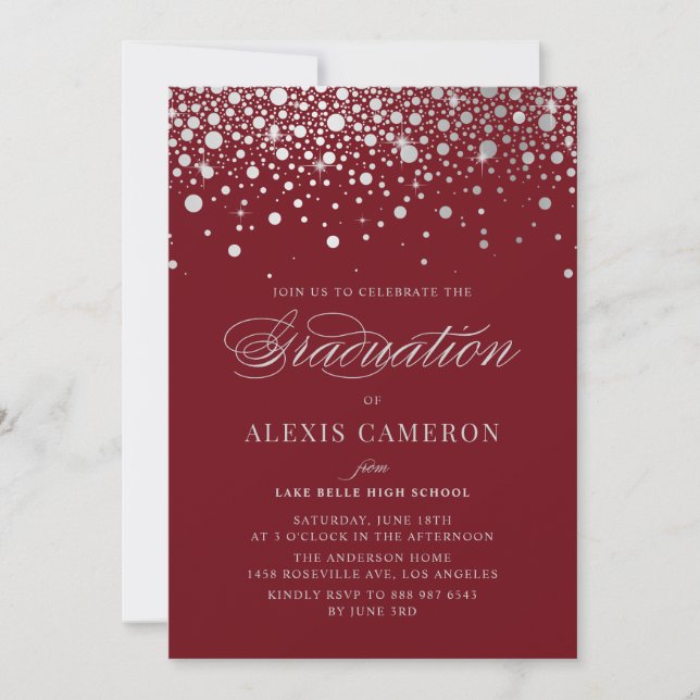 Faux Silver Foil Confetti Dots Burgundy Studenten Inbjudningar (Framsida)