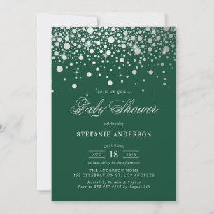 Faux Silver Foil Confetti Dots Grönt Baby Shower Inbjudningar