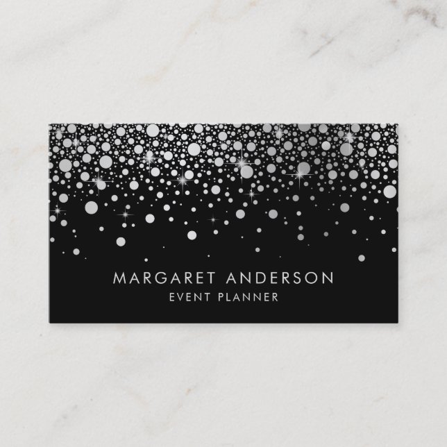 Faux Silver Foil Confetti Dots Modern Black Visitkort (Framsida)