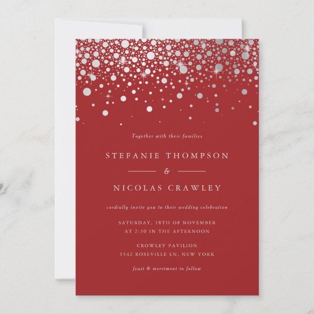 Faux Silver Foil Confetti Dots Red Bröllop Inbjudningar (Framsida)
