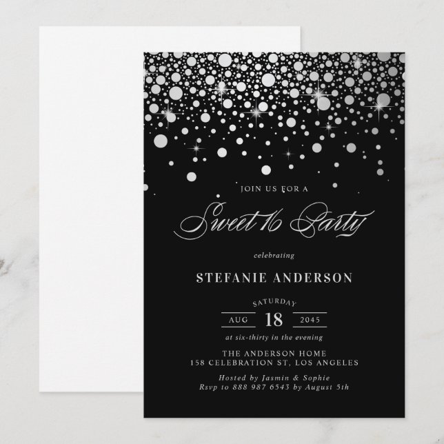 Faux Silver Foil Confetti | Svart Sweet sixteen Inbjudningar (Fram/baksida)