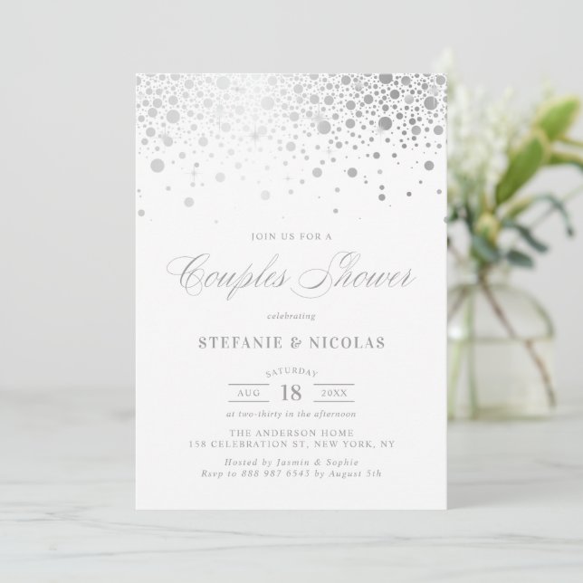 Faux Silver Foil Confetti White Par Shower Inbjudningar (Stående Fram)