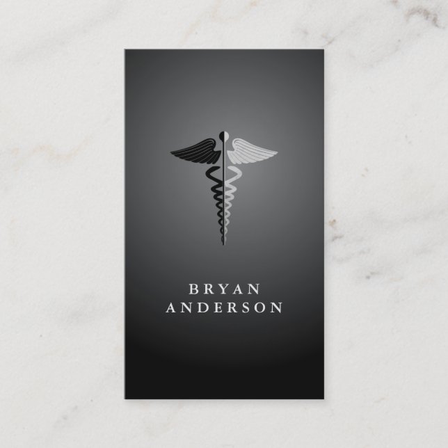 Faux Silver Foil och Black Caduceus Symbol Visitkort (Framsida)