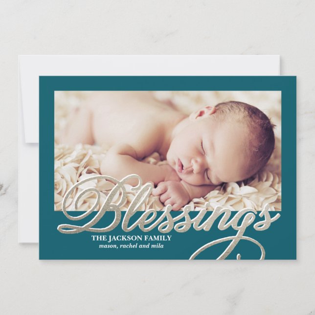 Faux Silver Foil Script Blessings Helgdag Photo Julkort (Framsida)