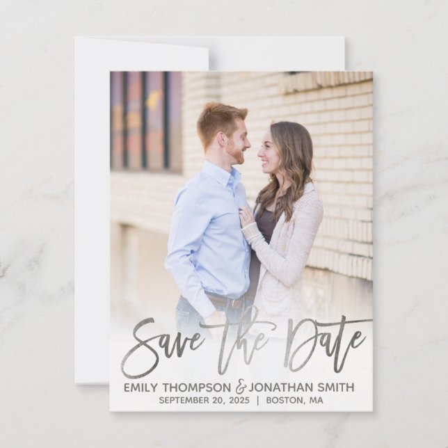 Faux Silver Foil Script Photo Save Date Card Spara Datumet (Framsida)