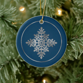 Faux Silver Foil Snowflake on Blue (not Real Foil) Julgransprydnad Keramik