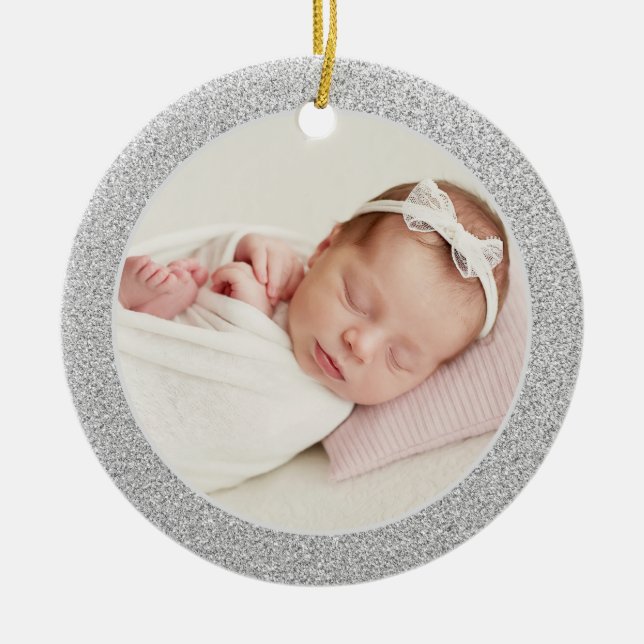Faux Silver Glitter Baby första julfotfoto Julgransprydnad Keramik (Framsidan)