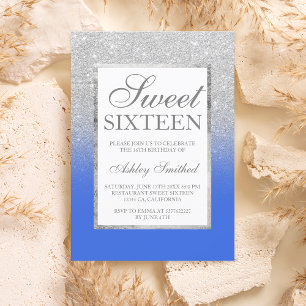 Faux silver glitter blå elegant chic Sweet 16 Inbjudningar