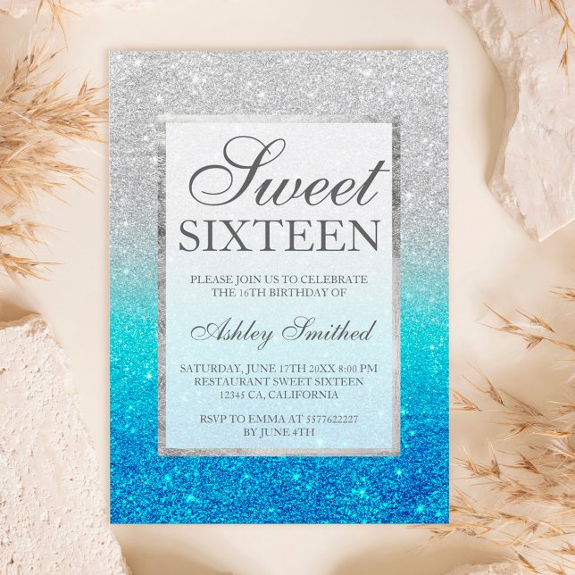 Faux silver glitter blå teal Sweet 16 Inbjudningar (Skapare uppladdad)