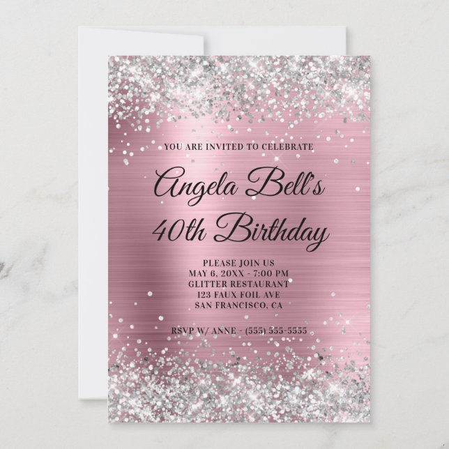 Faux Silver Glitter Blek Rosa Foil Finare Monogram Inbjudningar (Baksida)