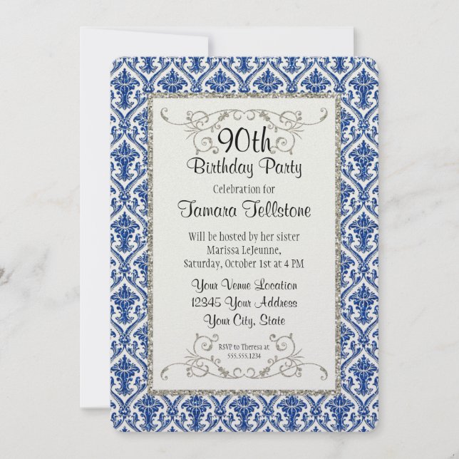Faux Silver Glitter Damask Blommönster Birthday Inbjudningar (Framsida)