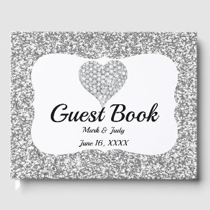Faux Silver Glitter Diamond Heart Bröllop Gästböcker
