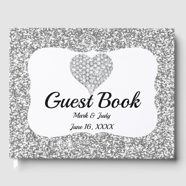 Faux Silver Glitter Diamond Heart Bröllop Gästböcker (Framsida)