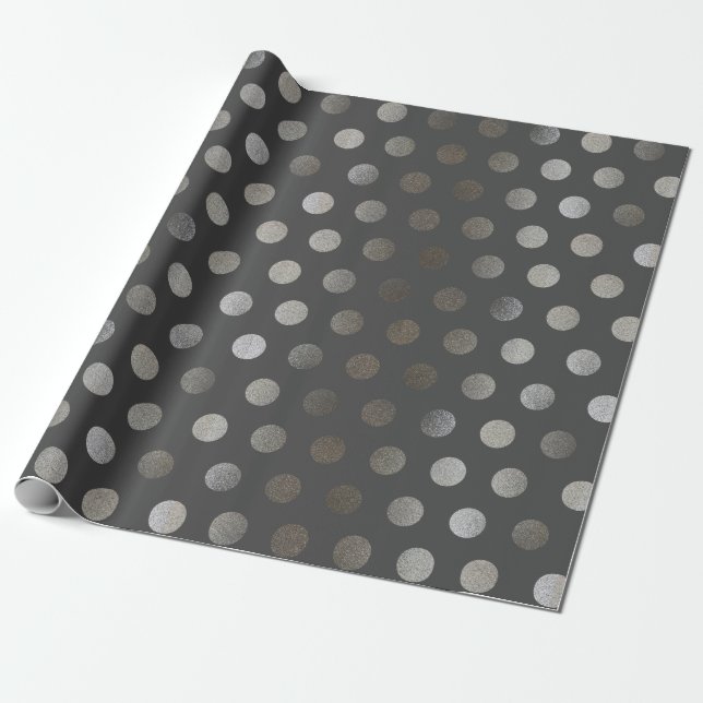 Faux Silver Glitter & Mörk Grått Medium Polka Dot Presentpapper (Utrullad)