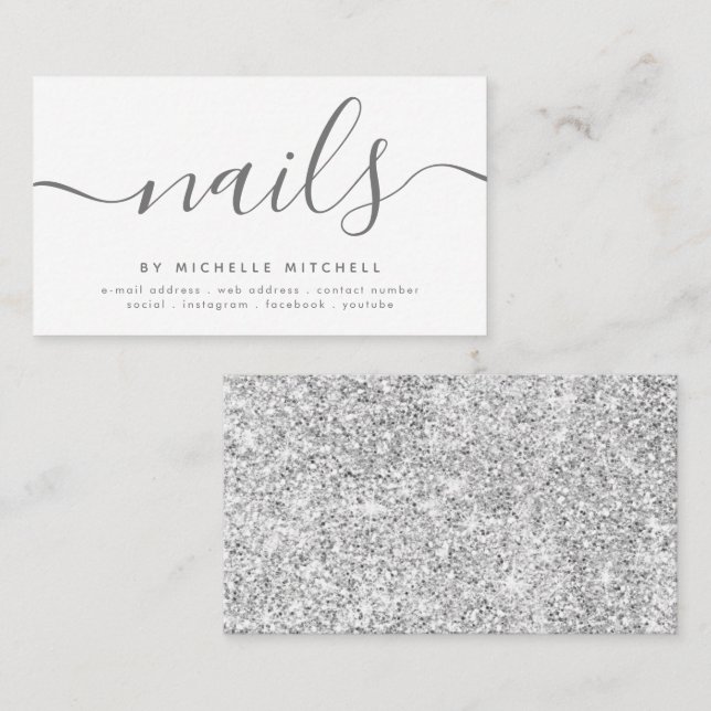 Faux Silver Glitter Nail Technician White  Visitkort (Fram/baksida)