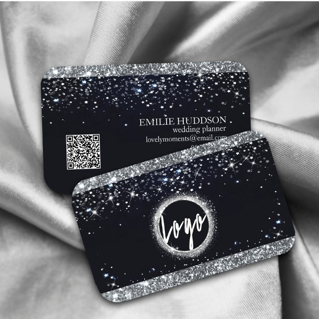 Faux Silver Glitter och Black Elegant QR-kod Visitkort (Faux Silver Glitter and Black Elegant QR code Business Card. #luxefauxgold #beauty #stylist)