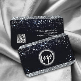 Faux Silver Glitter och Black Elegant QR-kod Visitkort