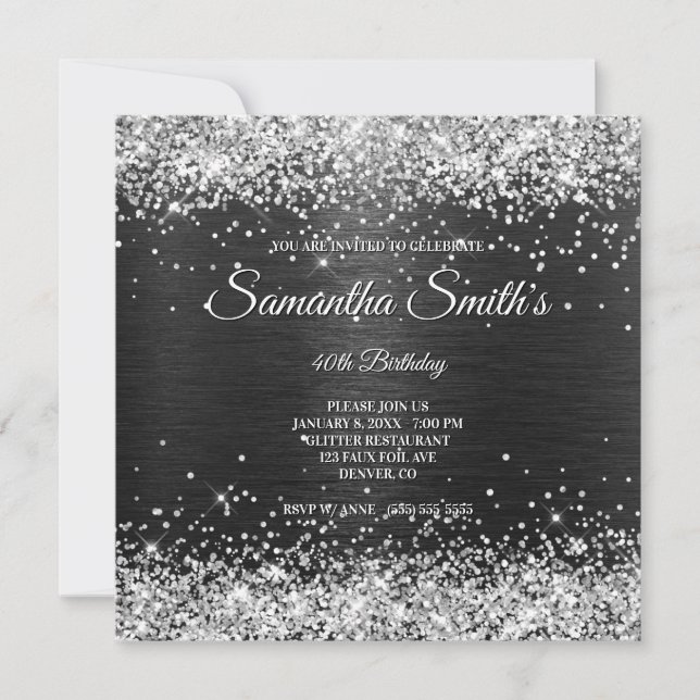 Faux Silver Glitter och Black Foil 40:e födelsedag Inbjudningar (Framsida)